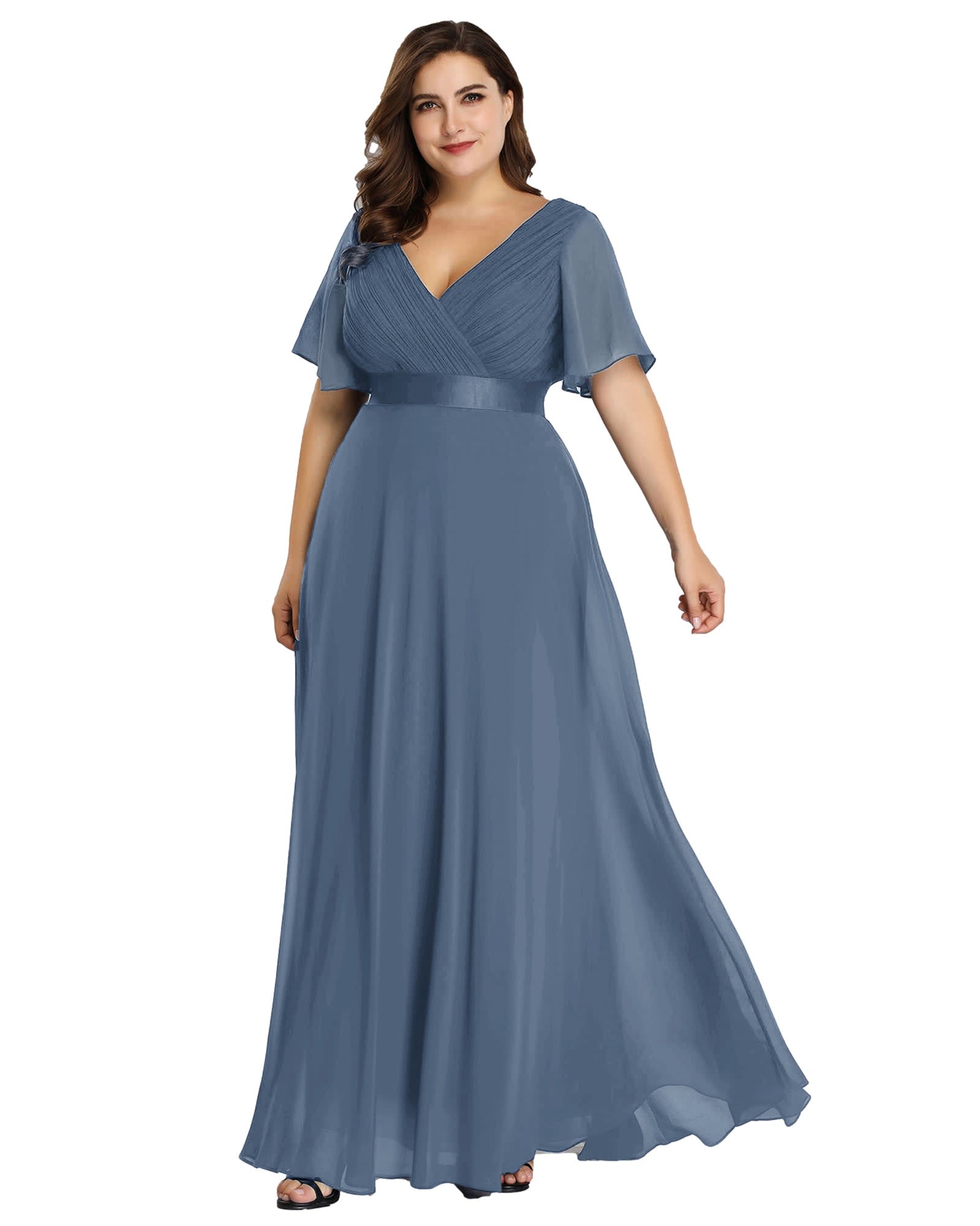 Long Chiffon Empire Waist Bridesmaid Dress with Short Flutter Sleeves | Dusty Navy