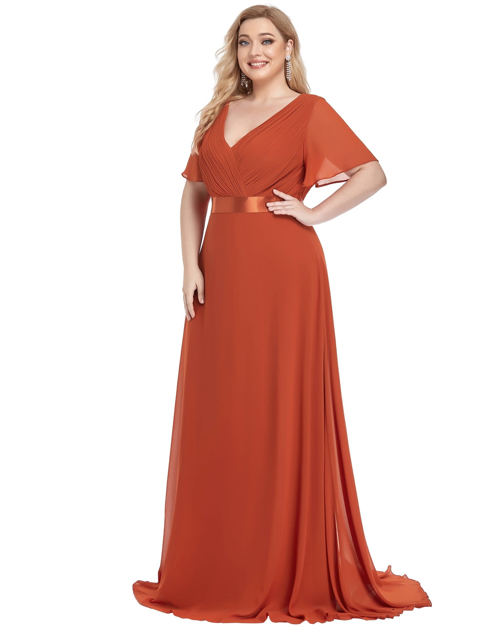 Long Chiffon Empire Waist Bridesmaid Dress with Short Flutter Sleeves | Burnt Orange