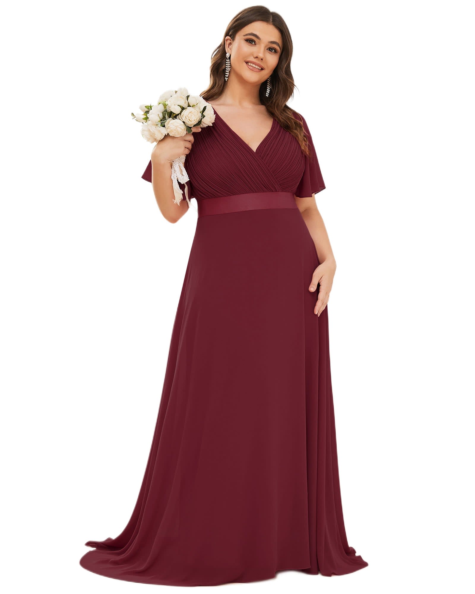 Long Chiffon Empire Waist Bridesmaid Dress with Short Flutter Sleeves | Burgundy