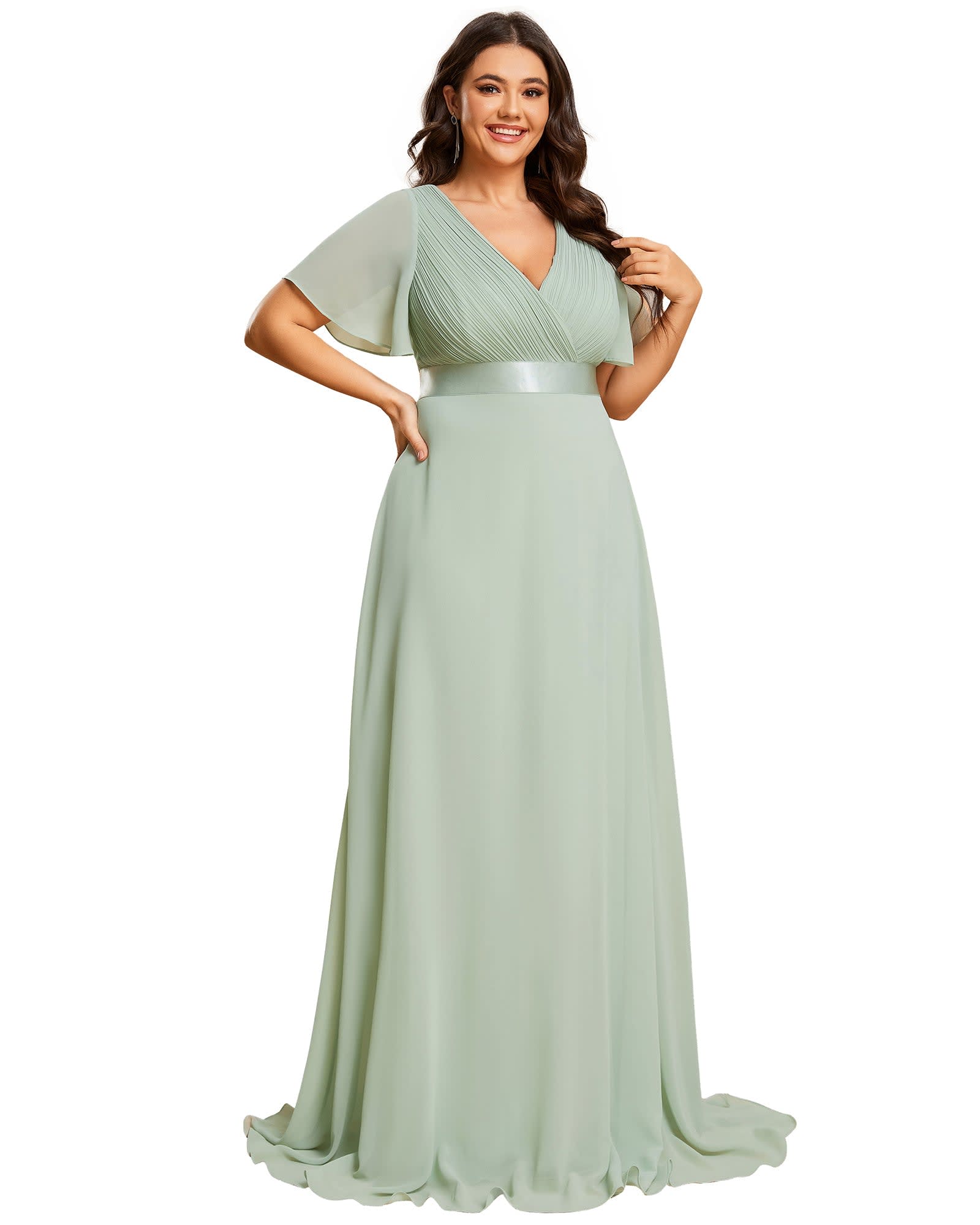 Long Chiffon Empire Waist Bridesmaid Dress with Short Flutter Sleeves | Mint Green