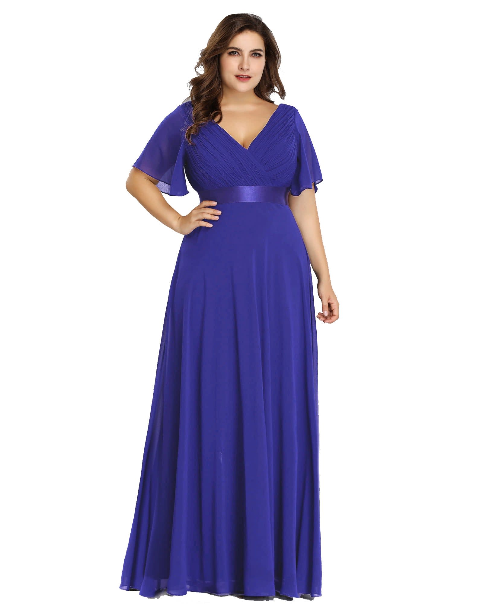 Long Chiffon Empire Waist Bridesmaid Dress with Short Flutter Sleeves | Sapphire Blue