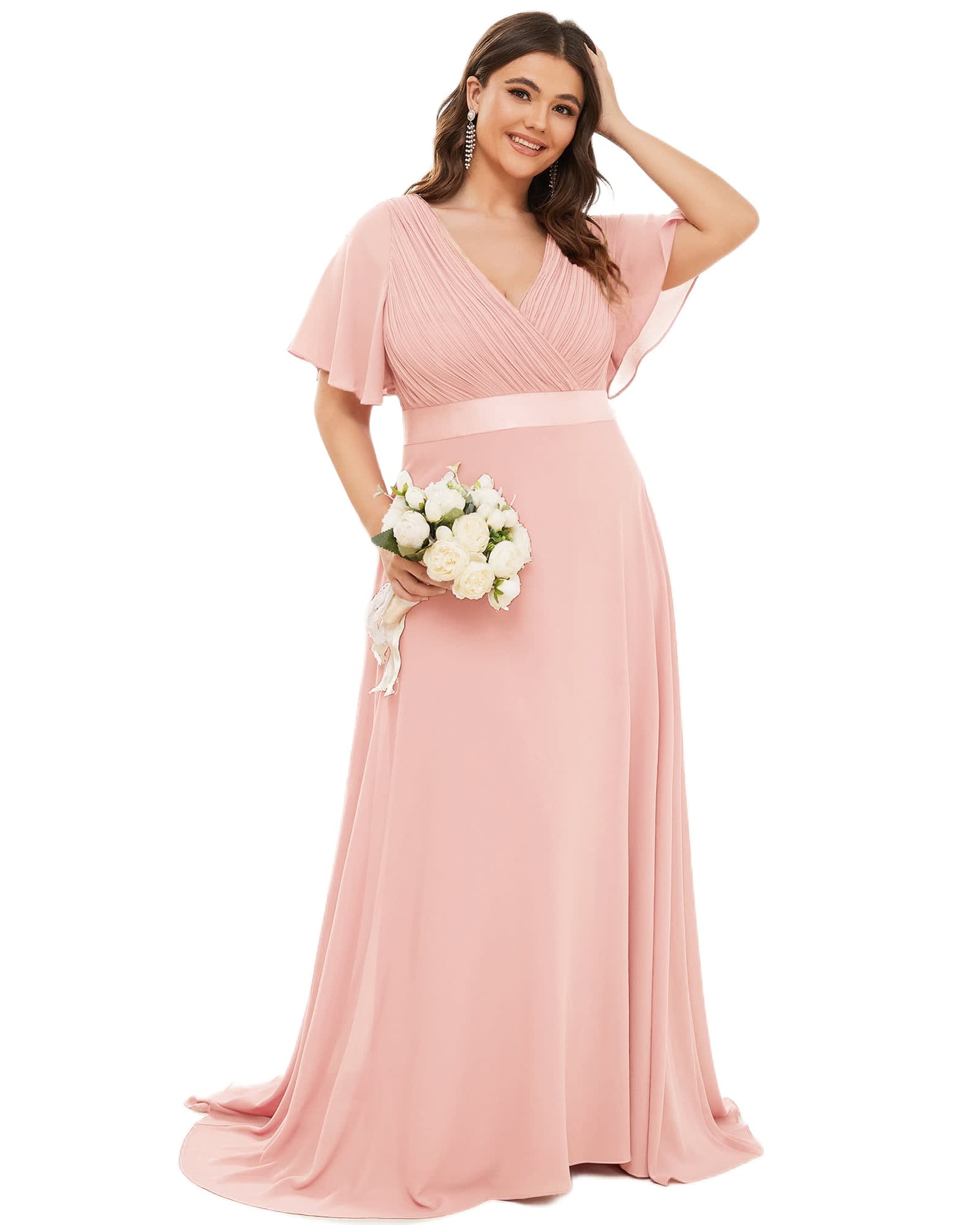 Long Chiffon Empire Waist Bridesmaid Dress with Short Flutter Sleeves | Pink