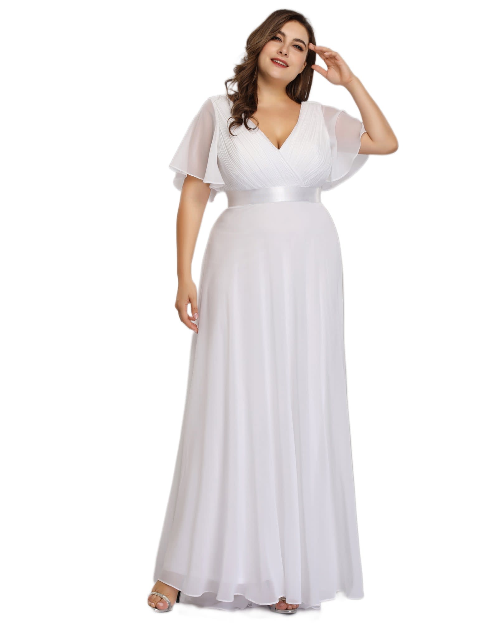 Long Chiffon Empire Waist Bridesmaid Dress with Short Flutter Sleeves | White