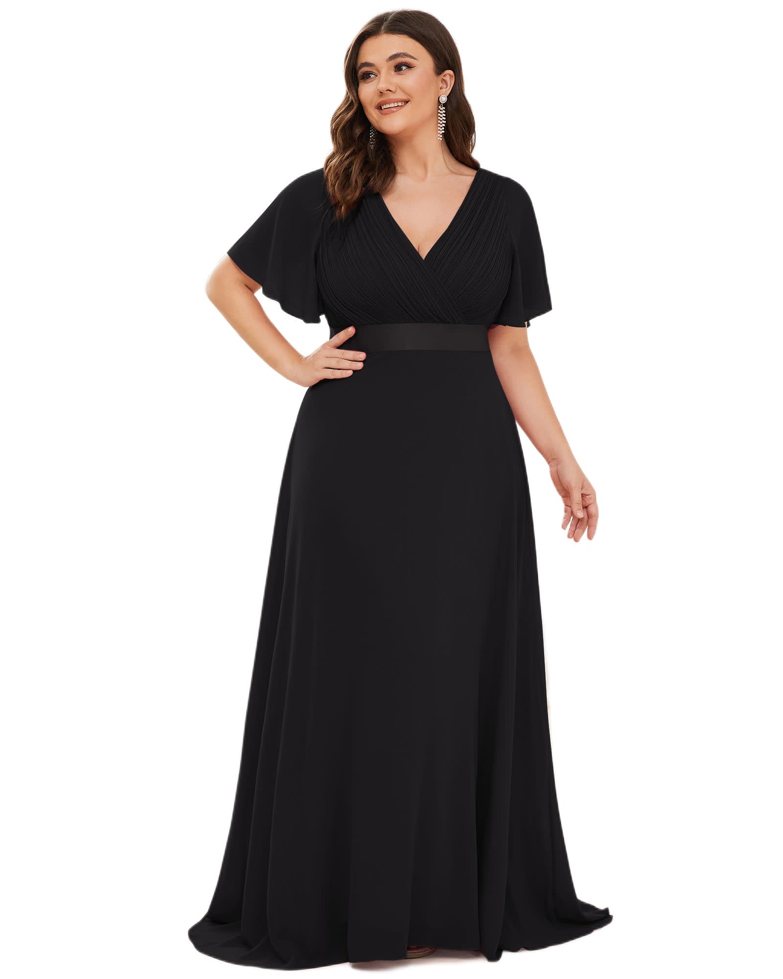 Long Chiffon Empire Waist Bridesmaid Dress with Short Flutter Sleeves | Black
