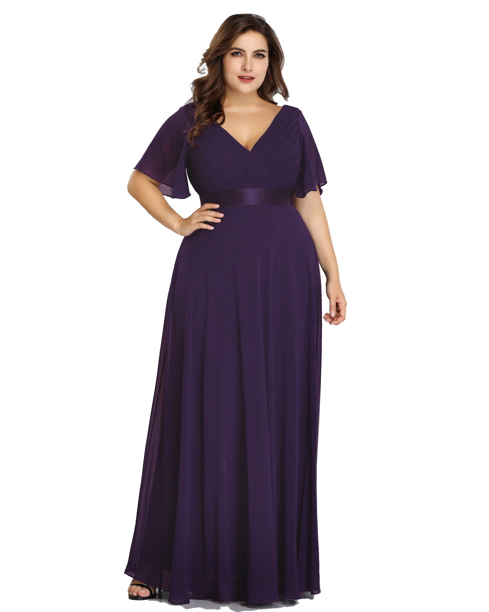 Long Chiffon Empire Waist Bridesmaid Dress with Short Flutter Sleeves | Dark Purple