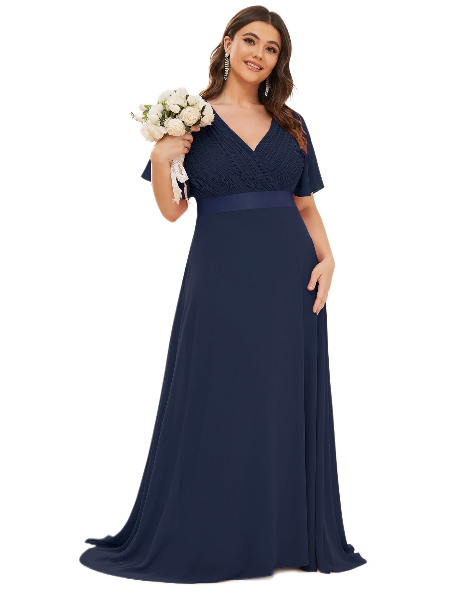 Long Chiffon Empire Waist Bridesmaid Dress with Short Flutter Sleeves | Navy Blue