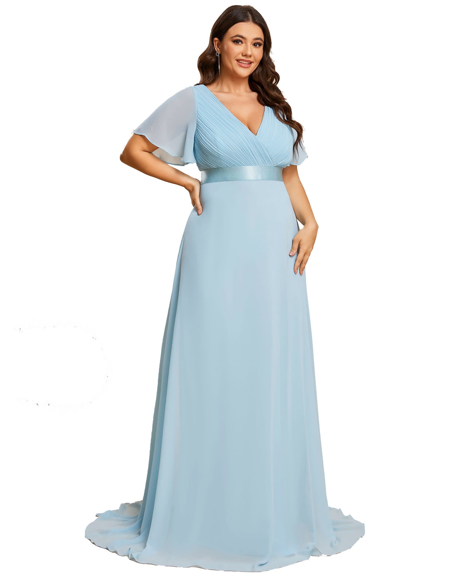 Long Chiffon Empire Waist Bridesmaid Dress with Short Flutter Sleeves | Sky Blue