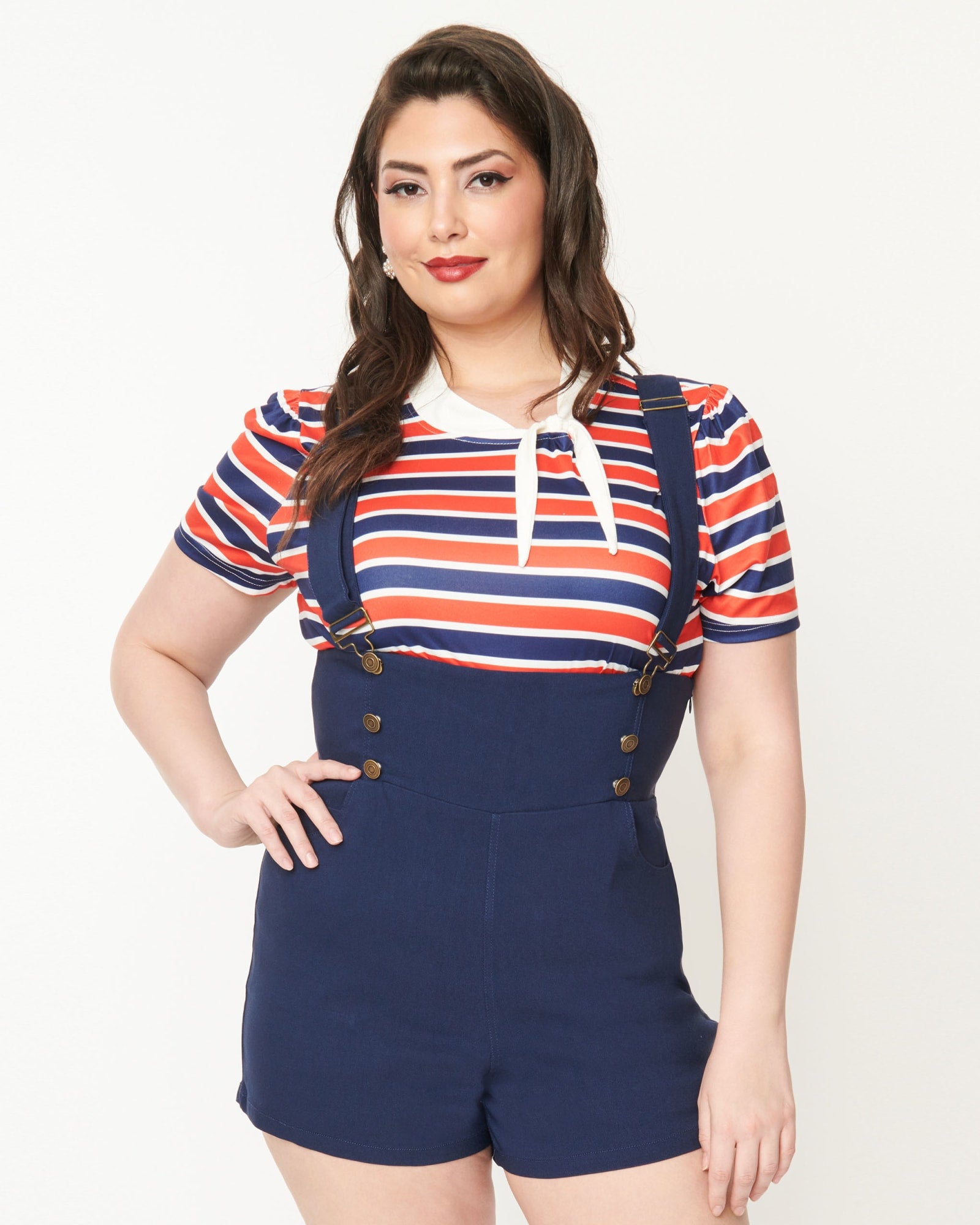 Unique Vintage Navy & Red Striped Bow Sweetie Knit Top | Navy & Red Striped