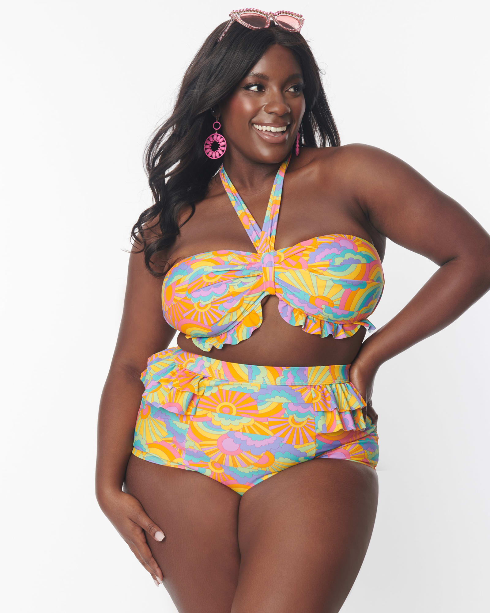 Unique Vintage Happy Groovy Rainbow Twist Front Halter Swim Top | Happy Groovy Rainbow