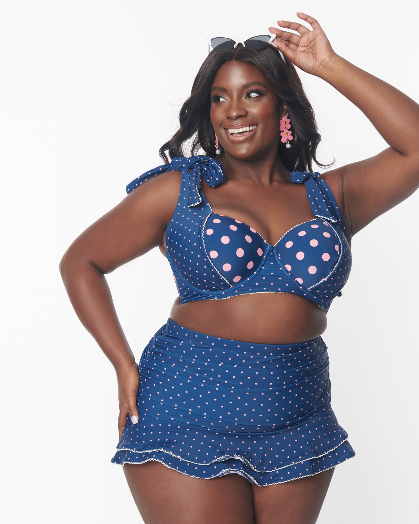Unique Vintage Navy & Pink Pin Dot Totally Tied Up Swim Top | Navy & Pink Pin Dot