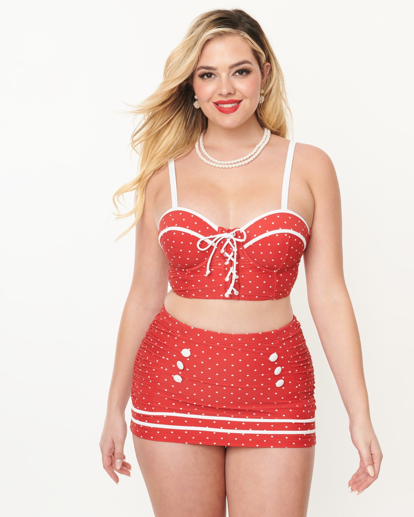 Unique Vintage Red Pin Dot Lace Up Swim Top | Red Pin Dot