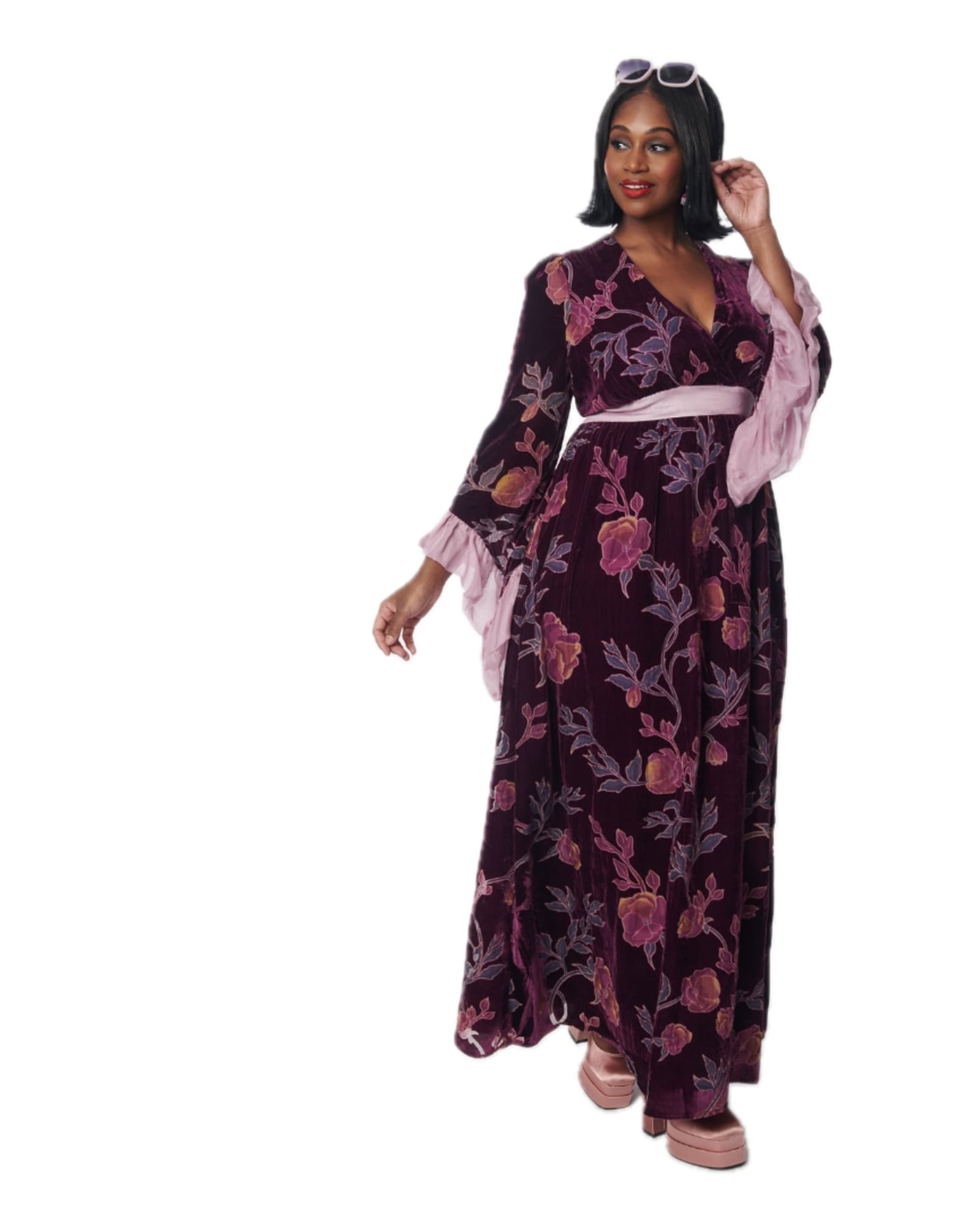 Unique Vintage Purple Floral Burnout Velvet Maxi Dress | Purple Floral