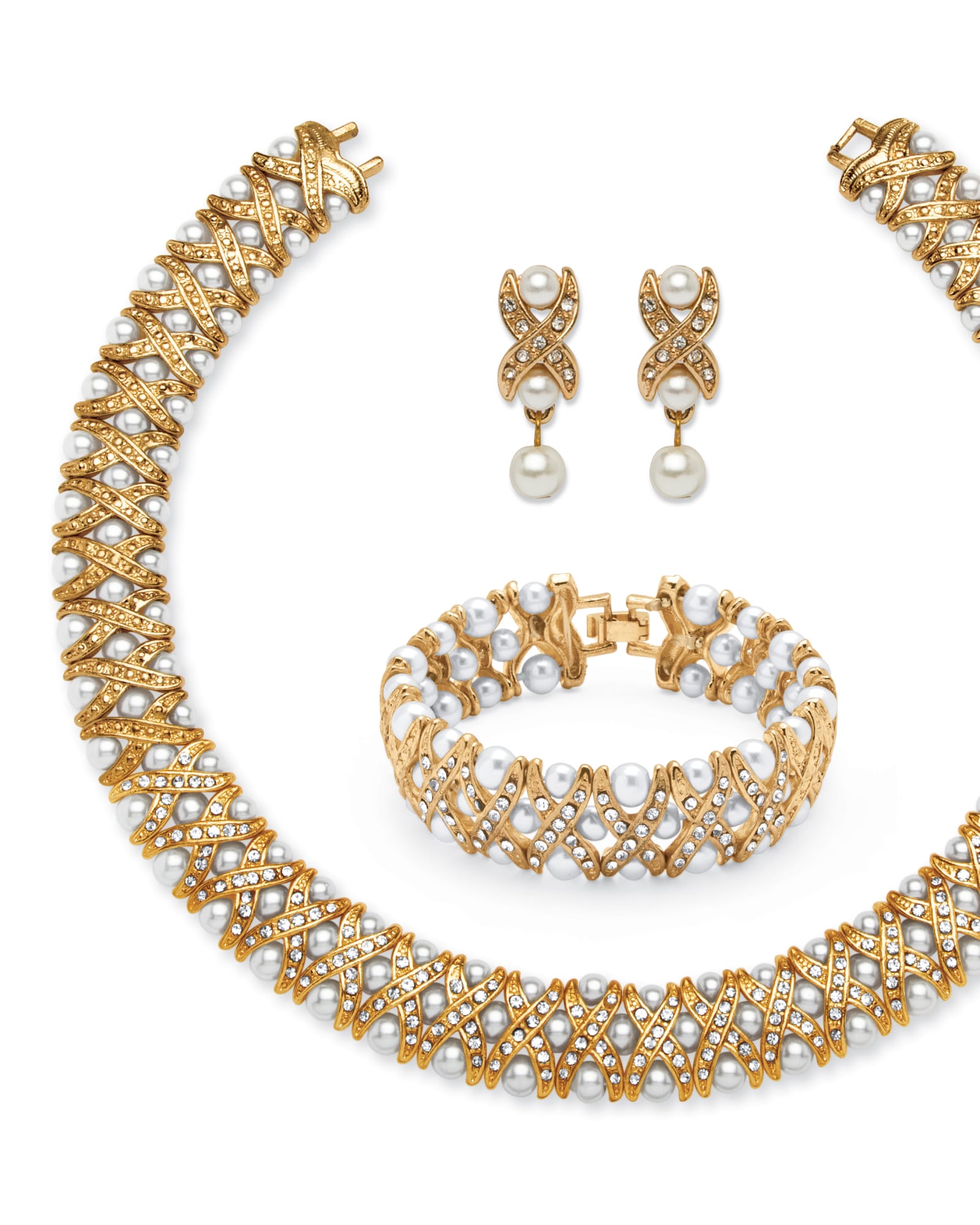 Simulated Pearl and Crystal Three-Piece Jewelry Set in Yellow Goldtone | White
