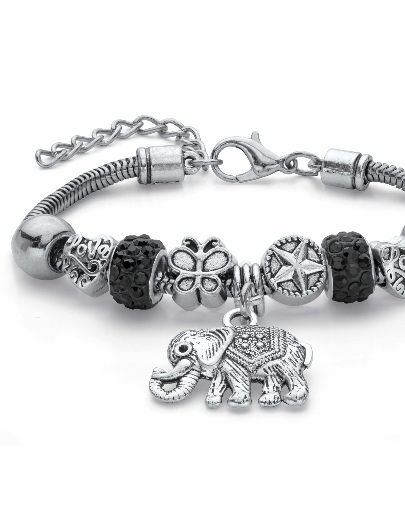 Black Crystal Silvertone Half Beaded Bali-Style Elephant Charm Bracelet 7.25