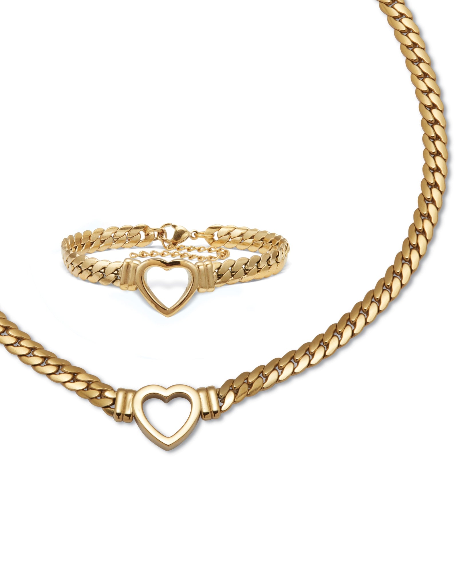 Yellow Gold Ion-Plated Stainless Steel Heart Bracelet And Necklace 16 Inch | Yellow