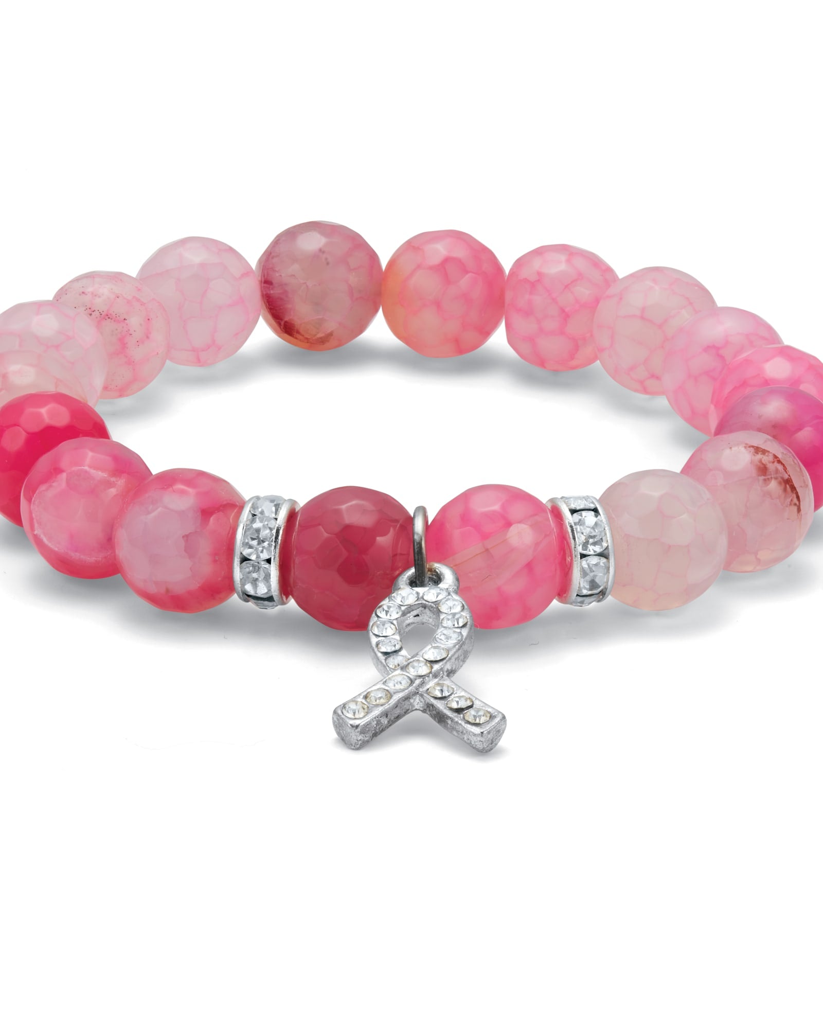 Crystal Accented Beaded Breast Cancer Awareness Stretch Bracelet, 7 Inch | White