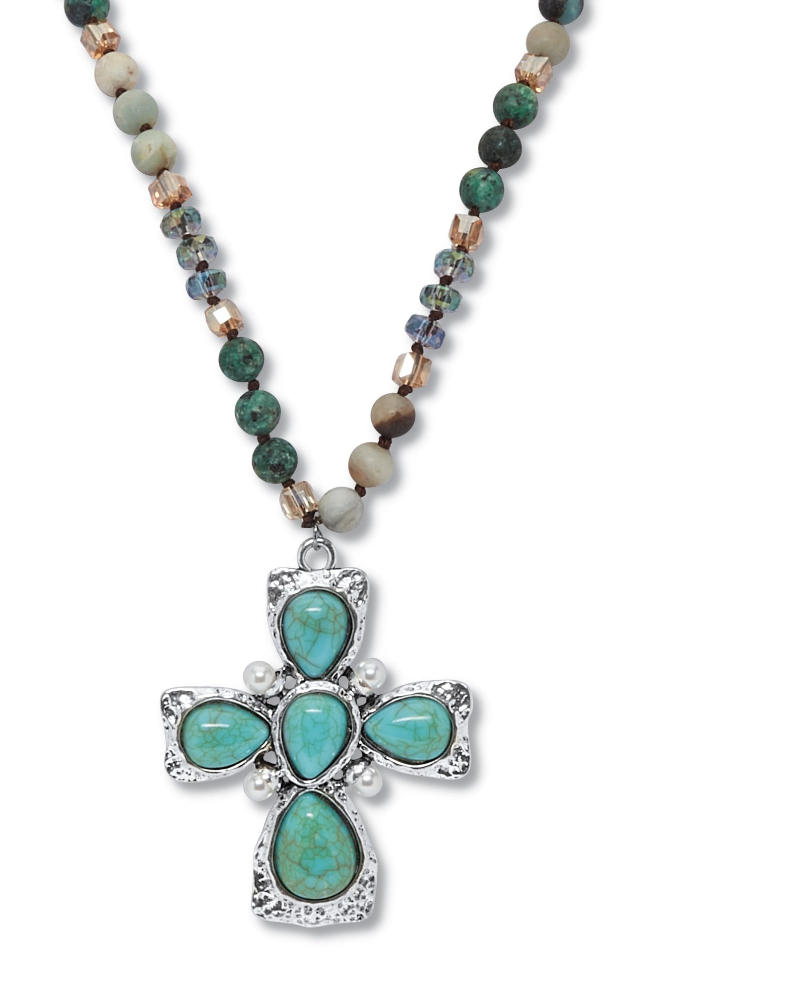 Genuine Jasper, Amazonite and Freshwater Pearl Silvertone Cross Necklace 32 Inch | Turquoise/Aqua