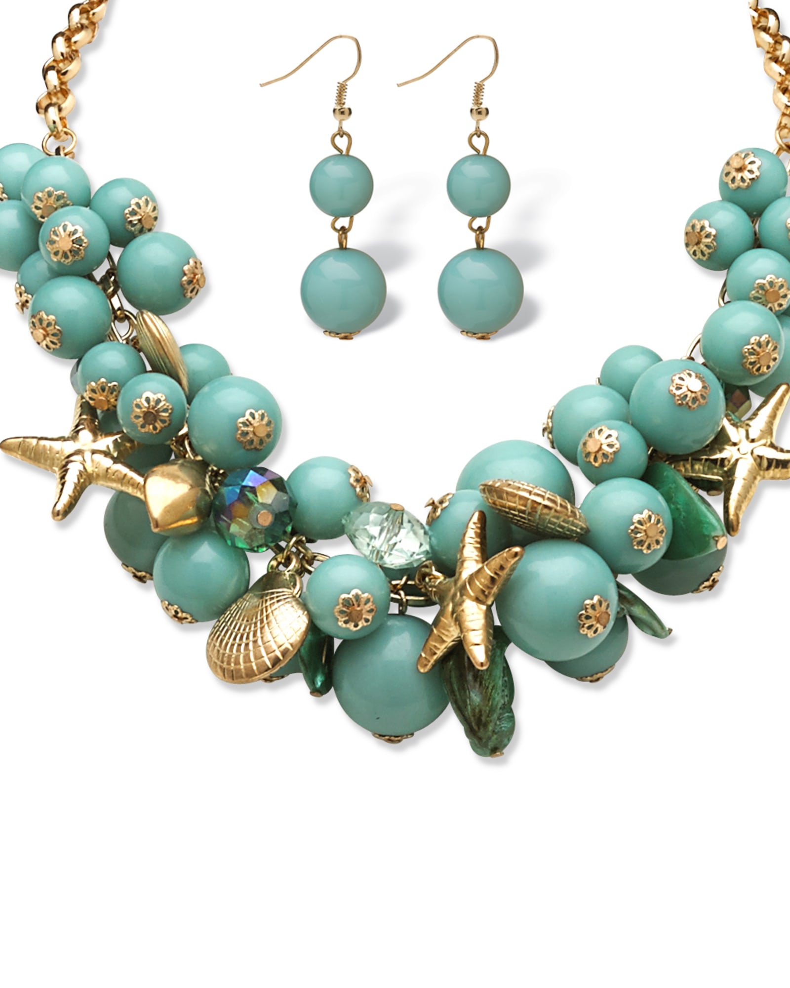 2 Piece Sea Life Jewelry Set in Yellow Gold Tone | Turquoise/Aqua