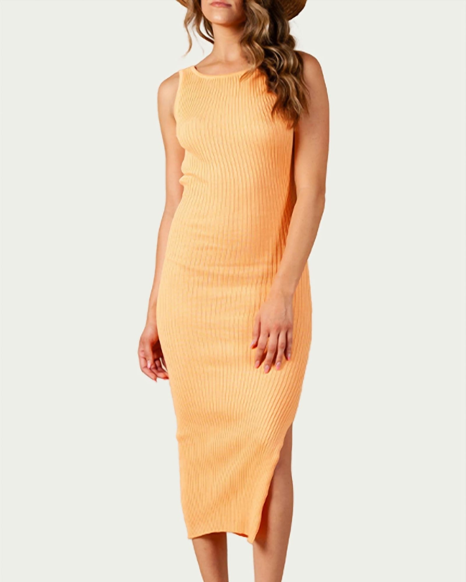 Amaryllis Open-Back Ribbed Knit Midi Dress in Apricot | Apricot