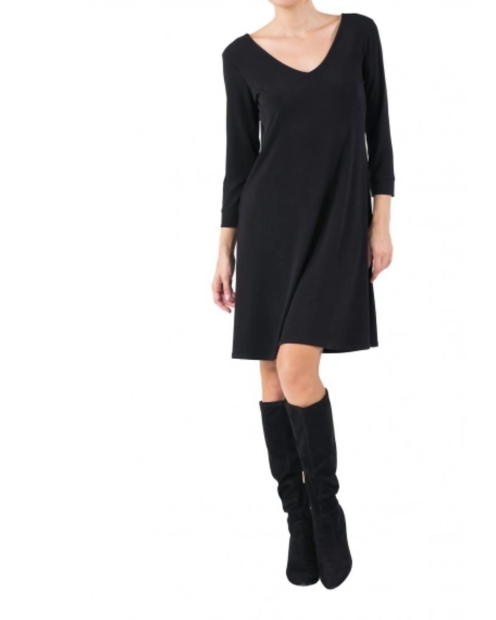 3/4 Sleeve Scoop Neck A Line Dress in Black | Black