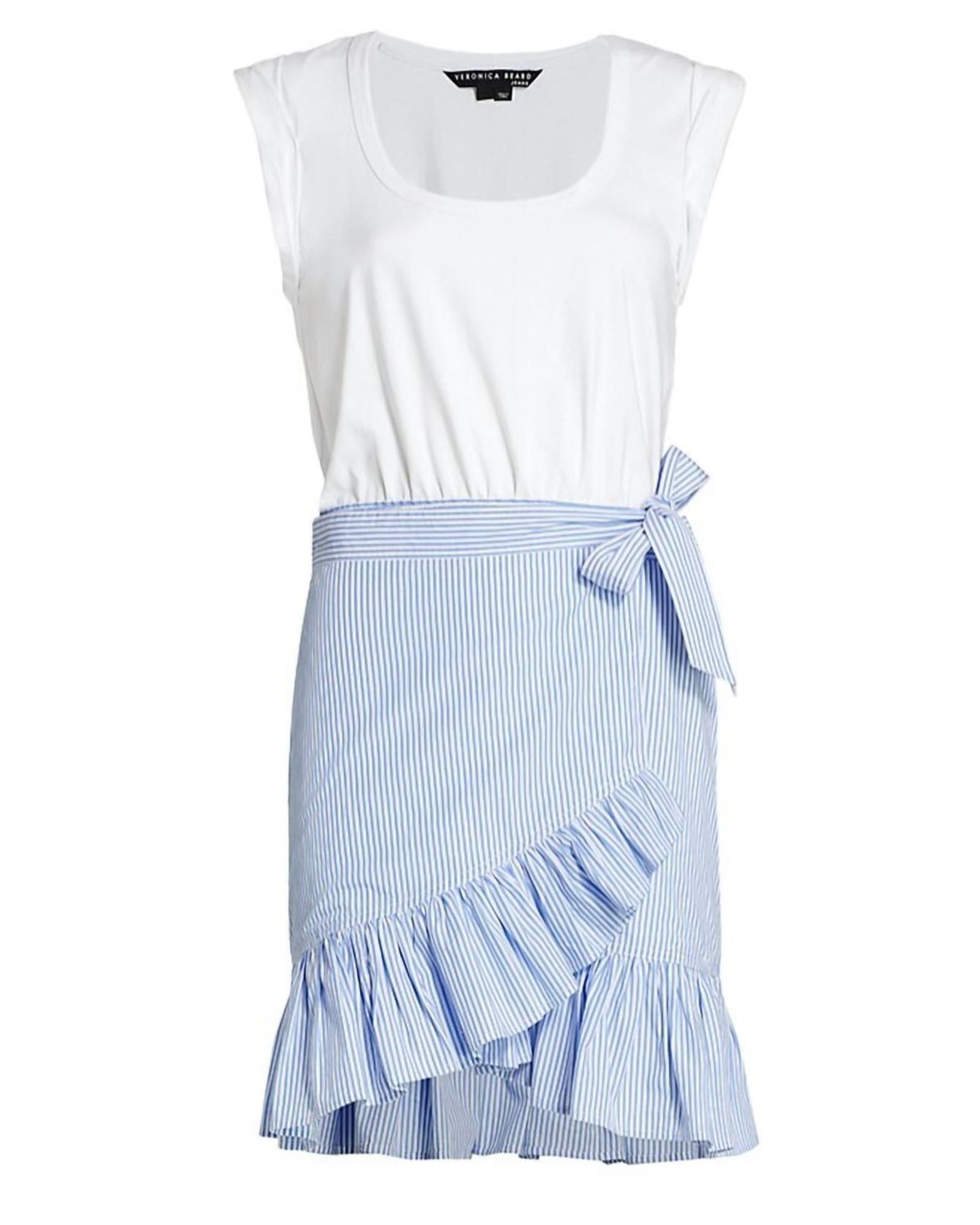 Addyson Ruffled Wrap Skirt Cotton Mini Dress in White/Blue | White/Blue