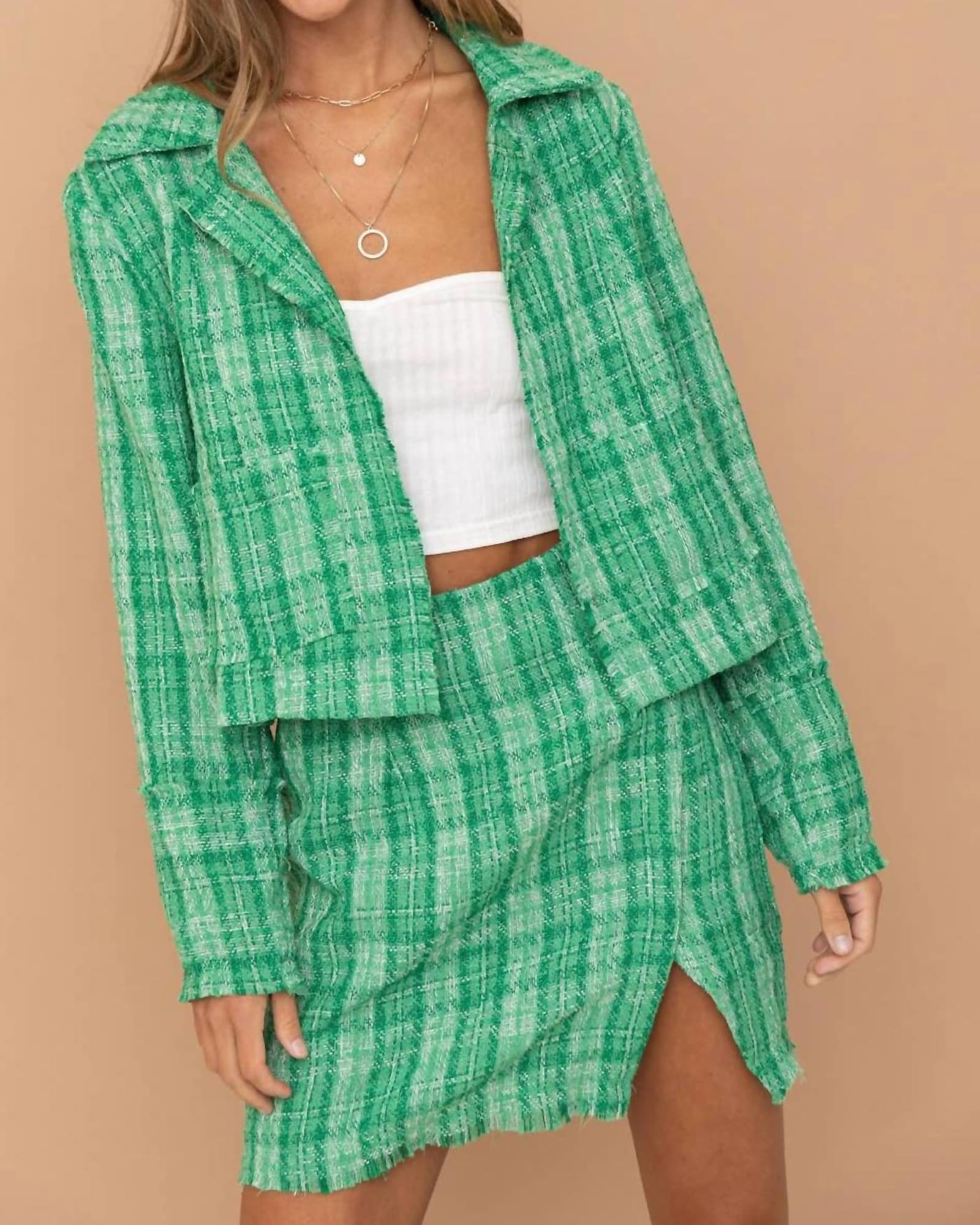 Lightweight Tweed Slit Skirt in Green | Green