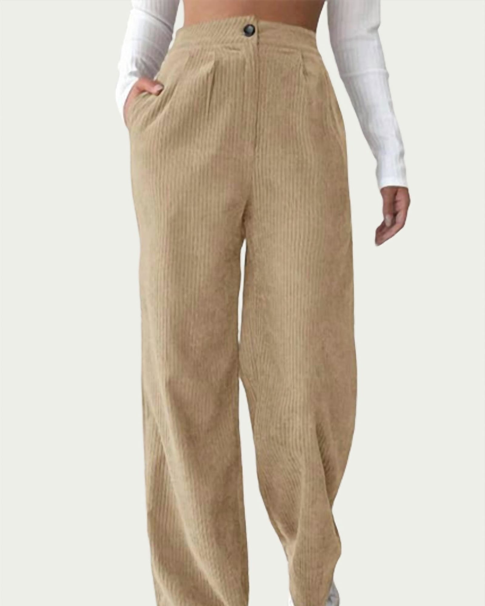 High-Waist Pleated Corduroy Pants in Beige | Beige