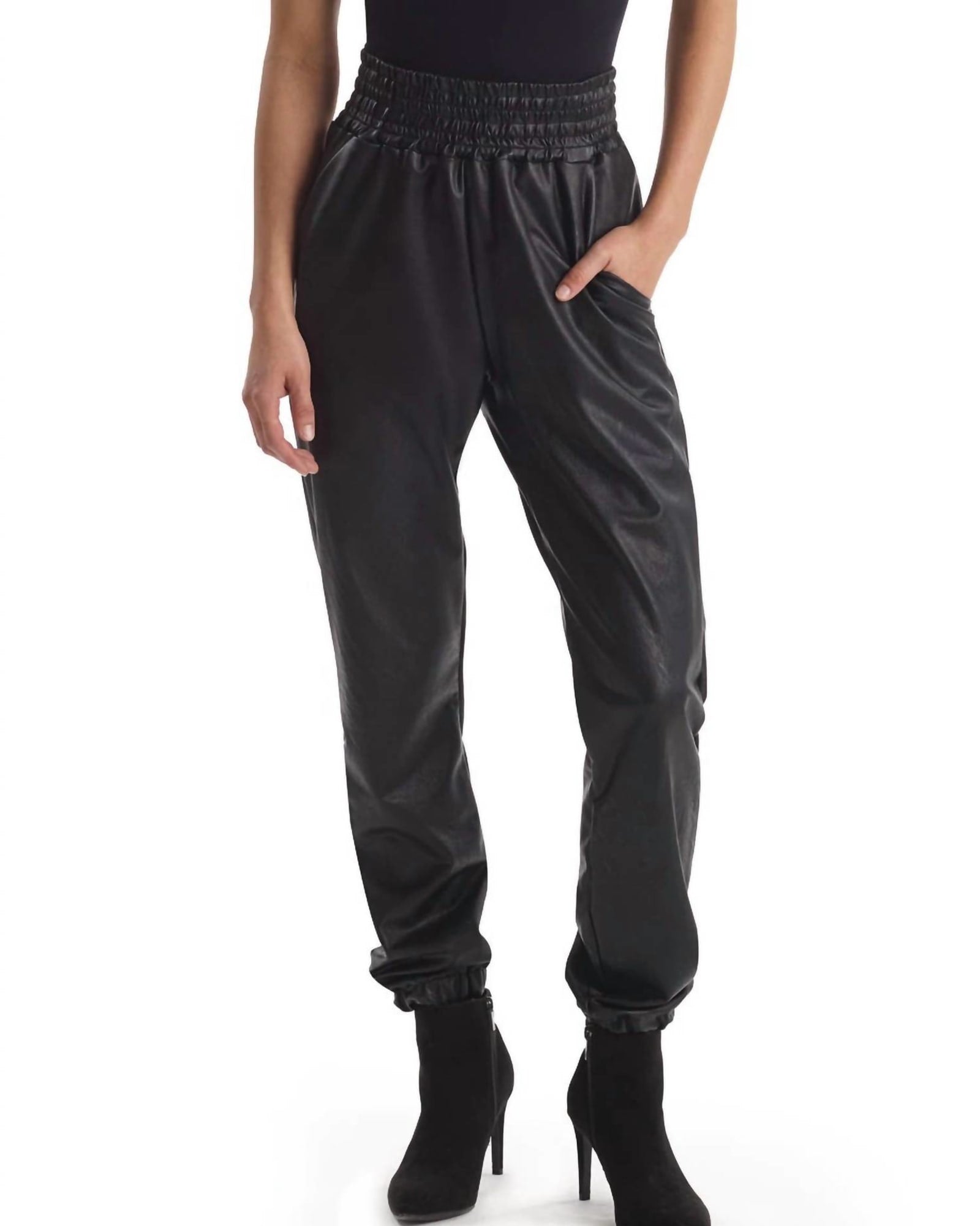 Faux Leather Smocked Jogger in Black | Black