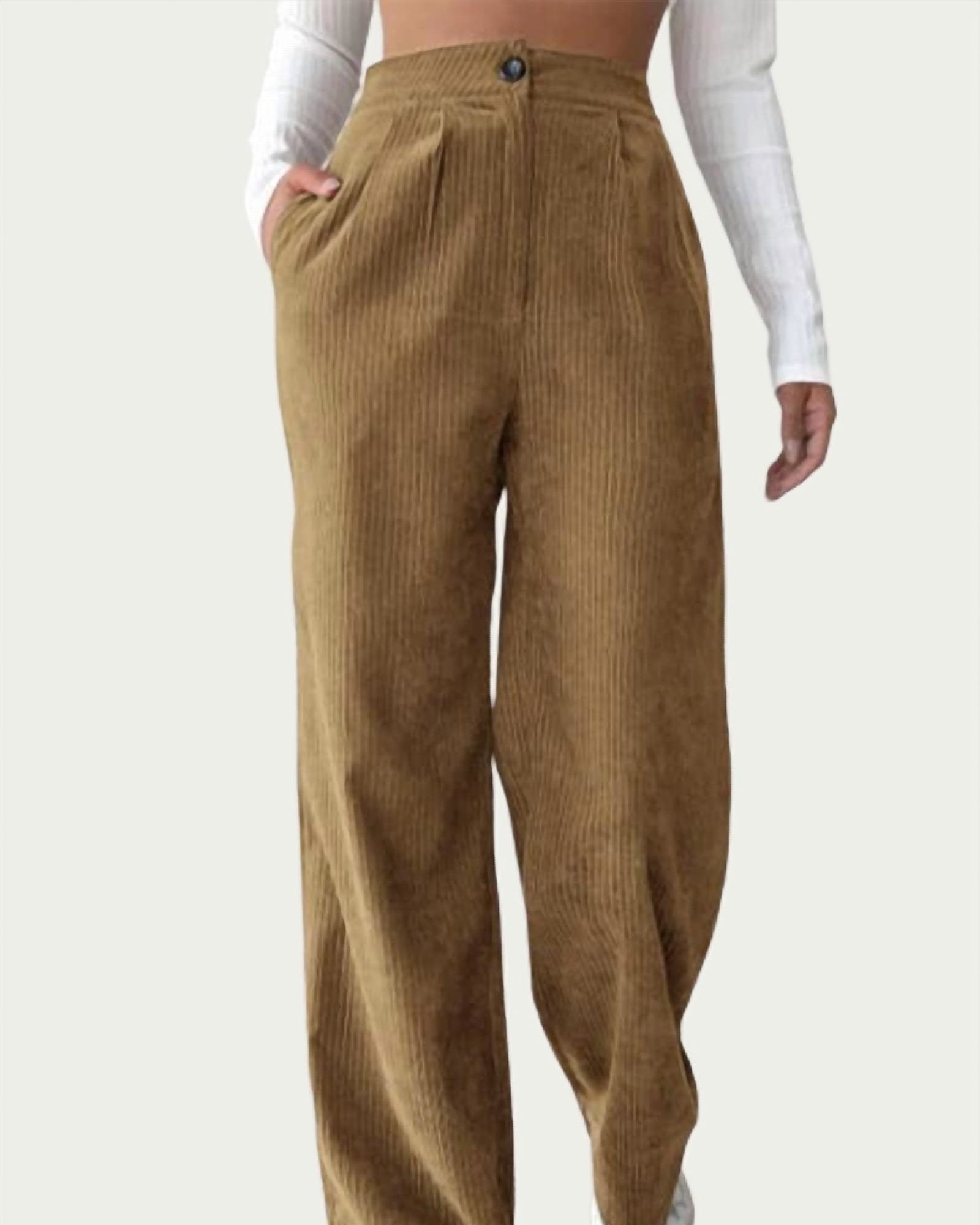 High-Waist Pleated Corduroy Pant in Camel | Camel