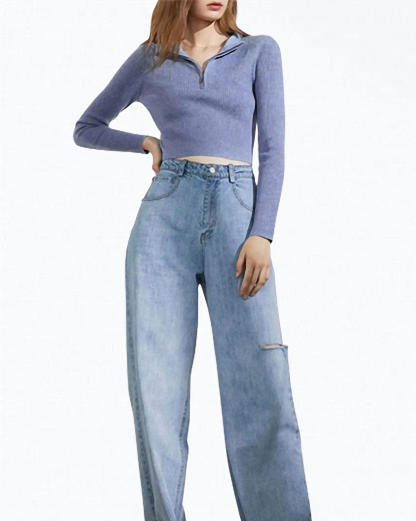Dennis Cutout Slit-Hem Wide-Leg Jeans in Light Blue | Light Blue