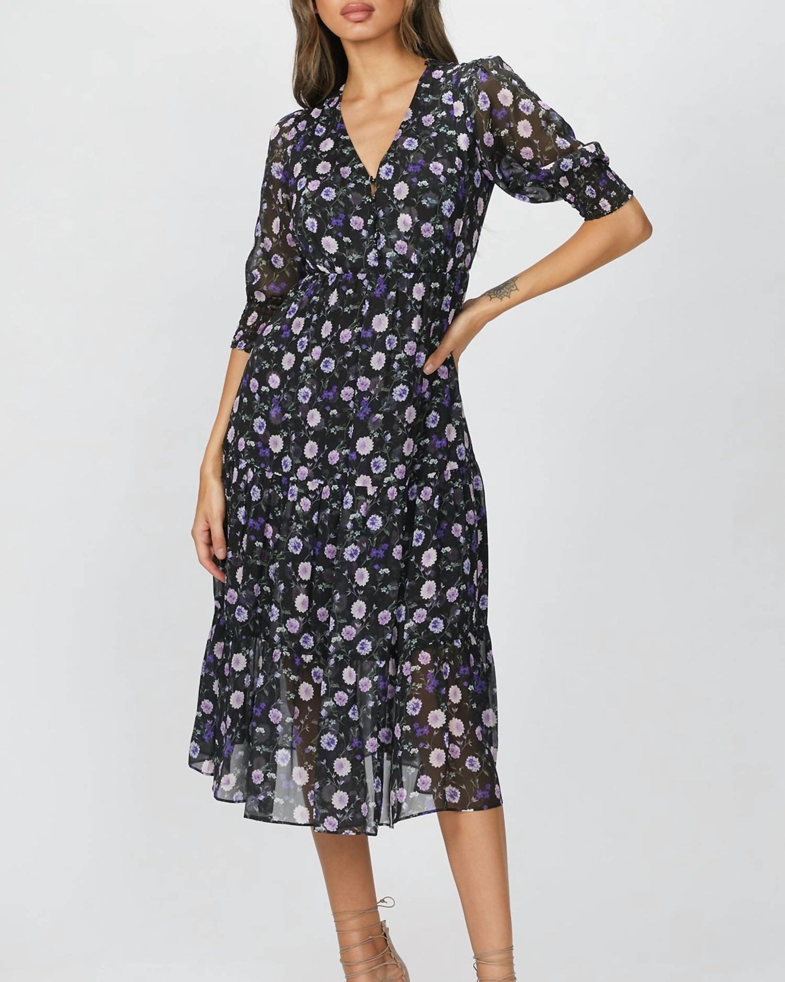 Printed Midi Dress in Black/Purple Peony | Black/Purple Peony