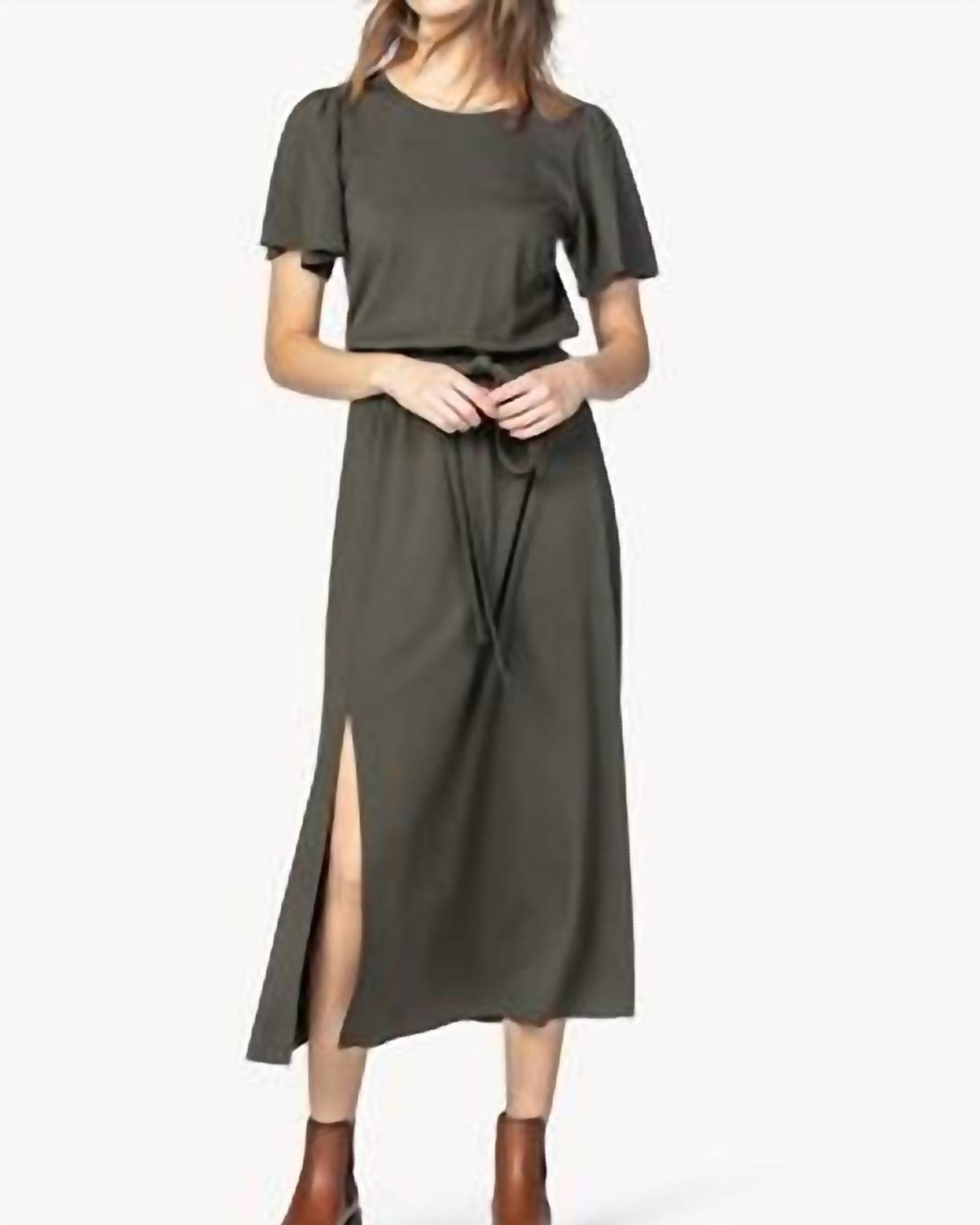 Jersey Flutter Sleeve Dress in Olive | Olive