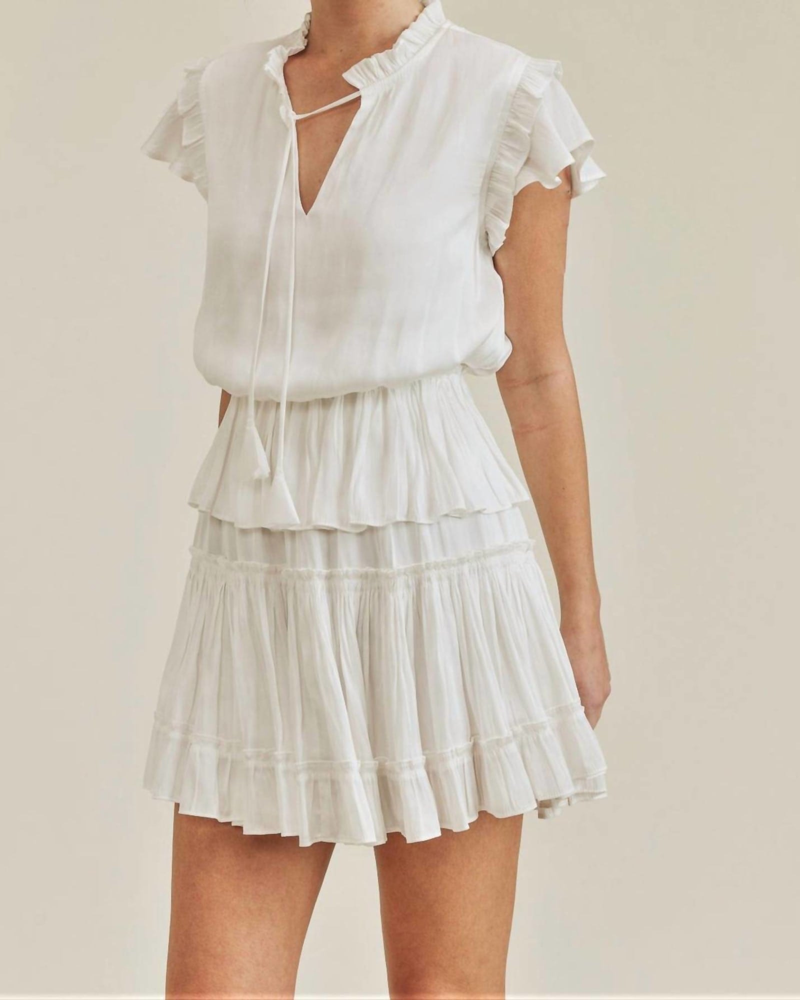 Short Sleeve Ruffle Dress in White | White