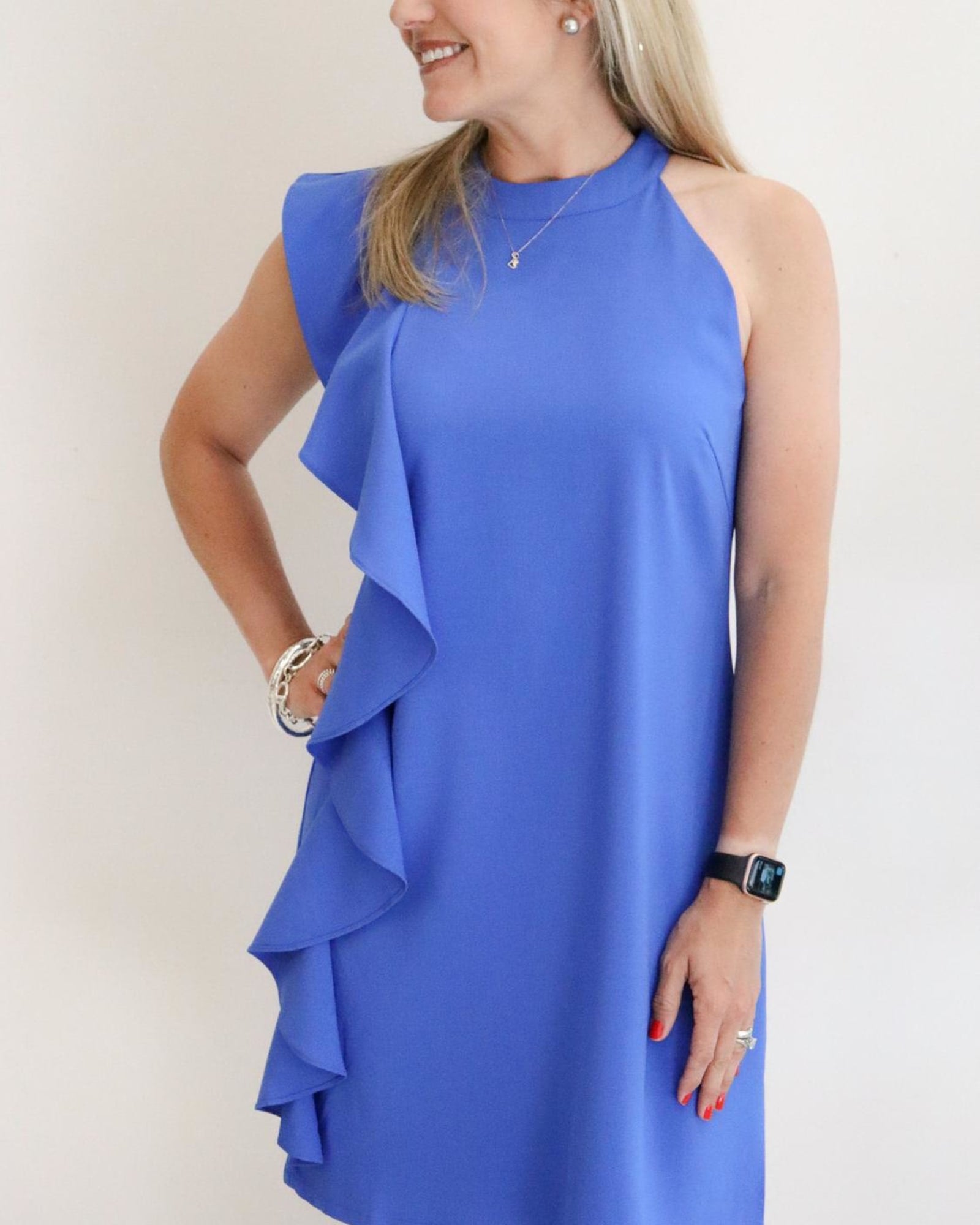 One Sleeve Ruffle Dress in Blue | Blue