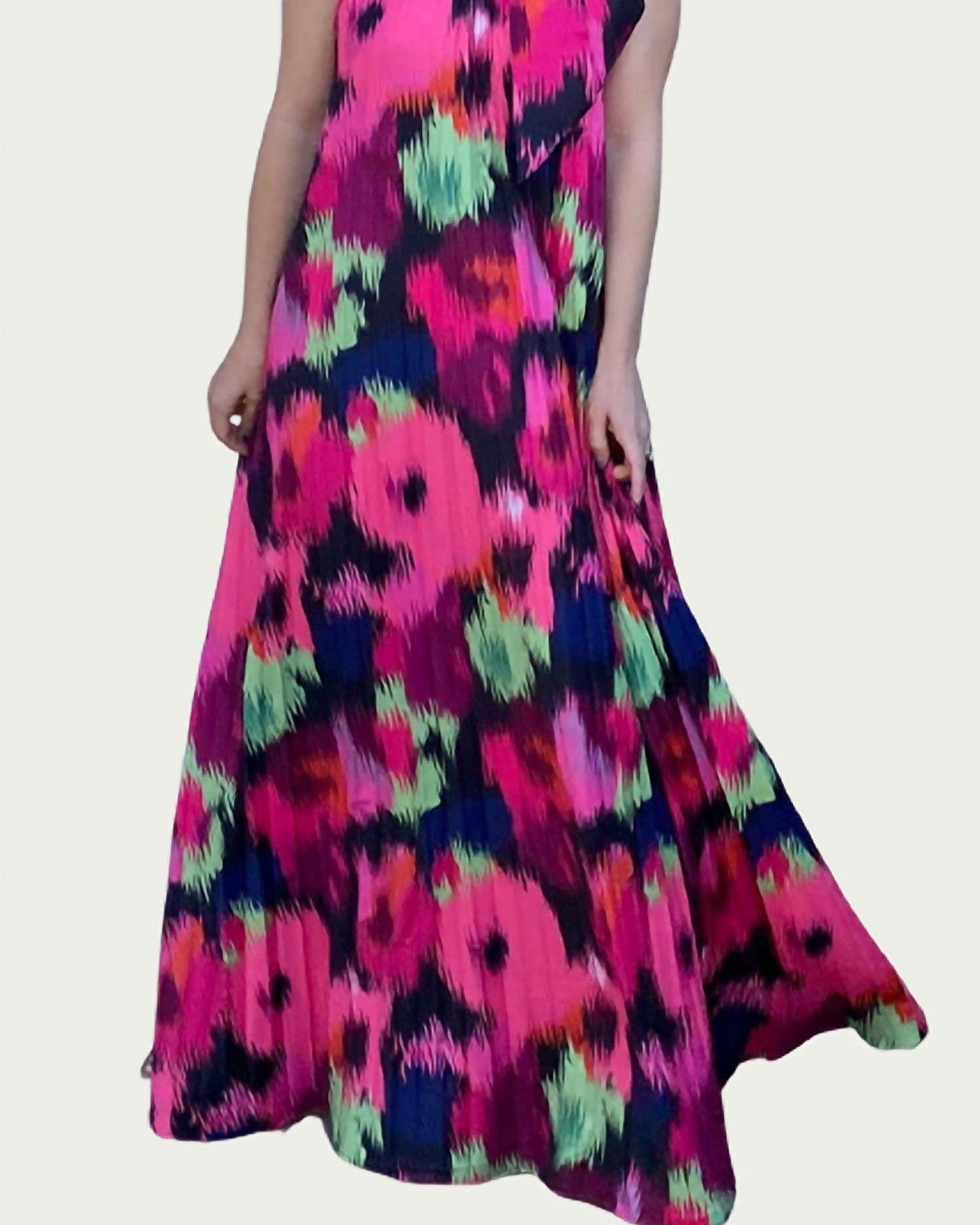 Poppy Pleated Satin Maxi Dress in Ikat Roses | Ikat Roses