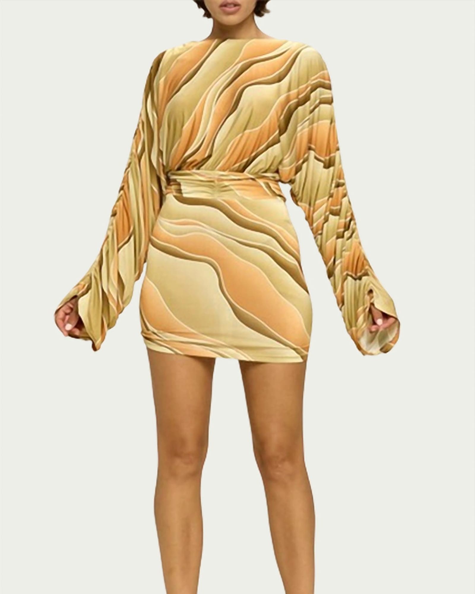 Marble Ruched Jersey Mini Dress in Yellow/Taupe | Yellow/Taupe