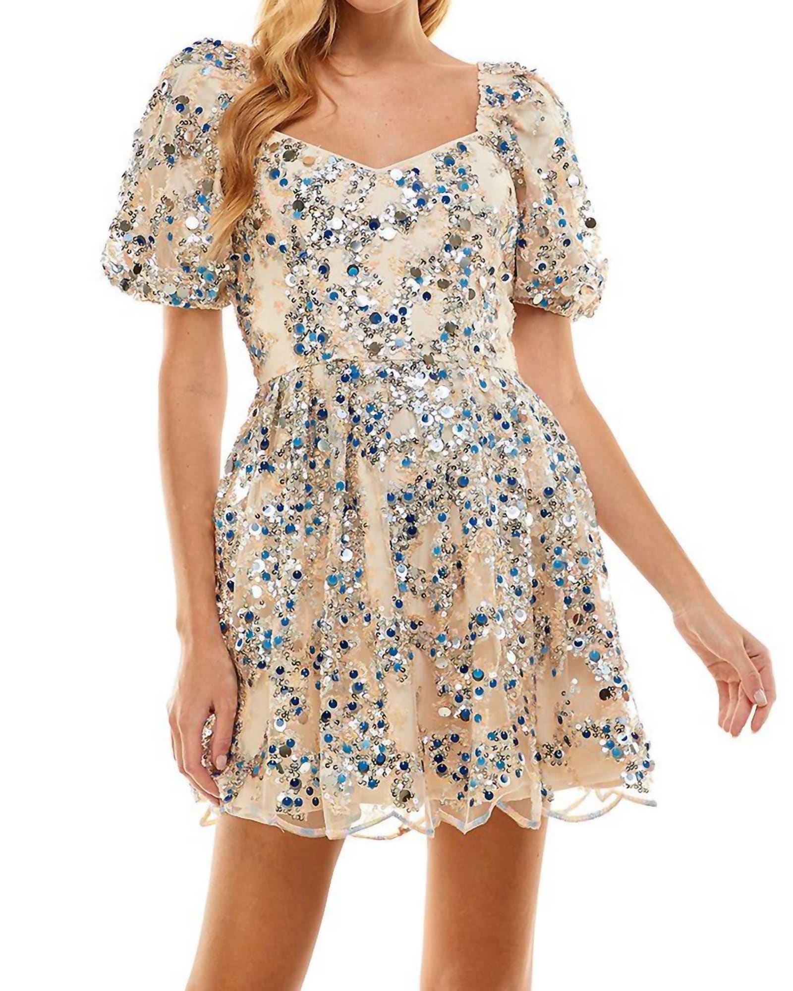 Sequin Sweetheart Dress in Silver, Blue, And Nude Sequins | Silver, Blue, And Nude Sequins