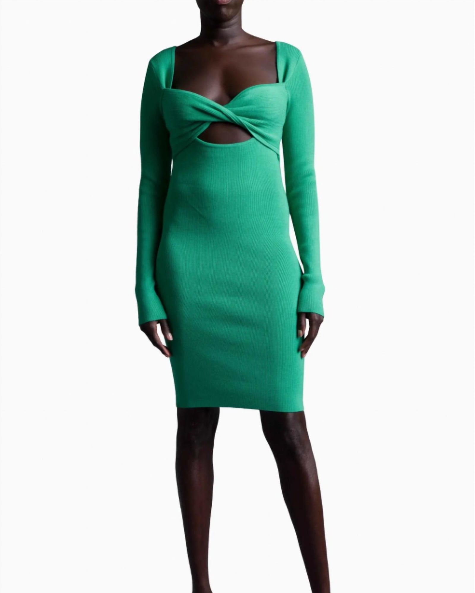 Retrograde Twist Front Long Sleeve Knit Dress in Emerald | Emerald
