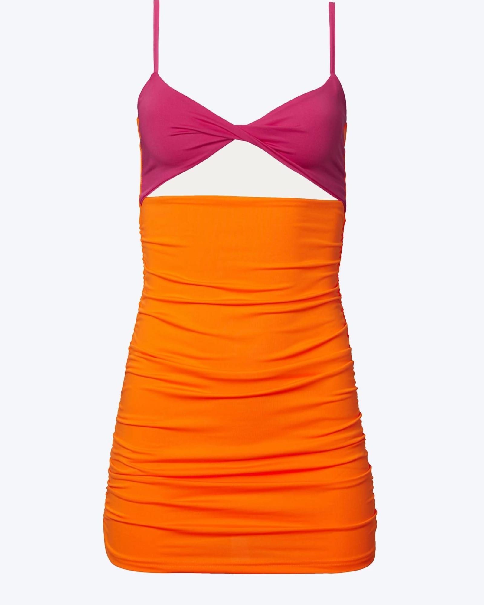 Cutout Two-Tone Stretch-Jersey Mini Dress in Neon Orange/Pink | Neon Orange/Pink