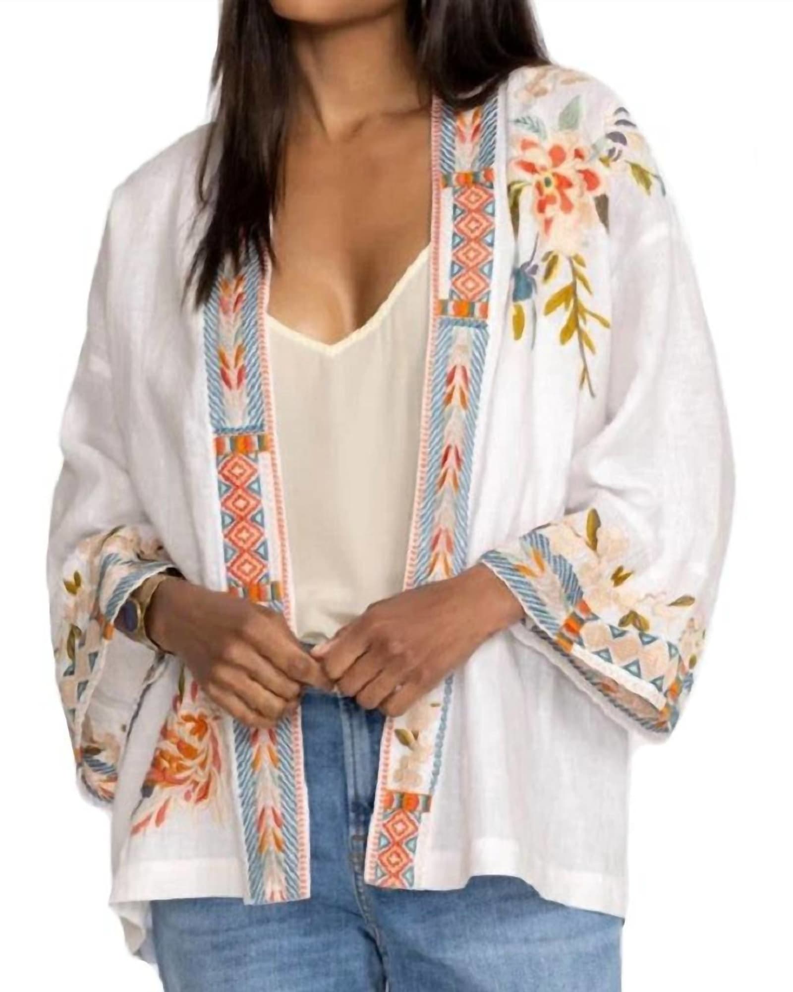 Ceretti Linen Cropped Kimono in White | White