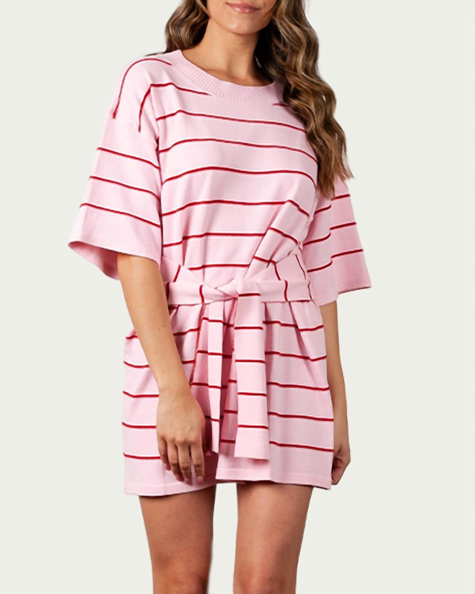 Cybelle Belted Knit Mini Dress in Pink Stripe | Pink Stripe