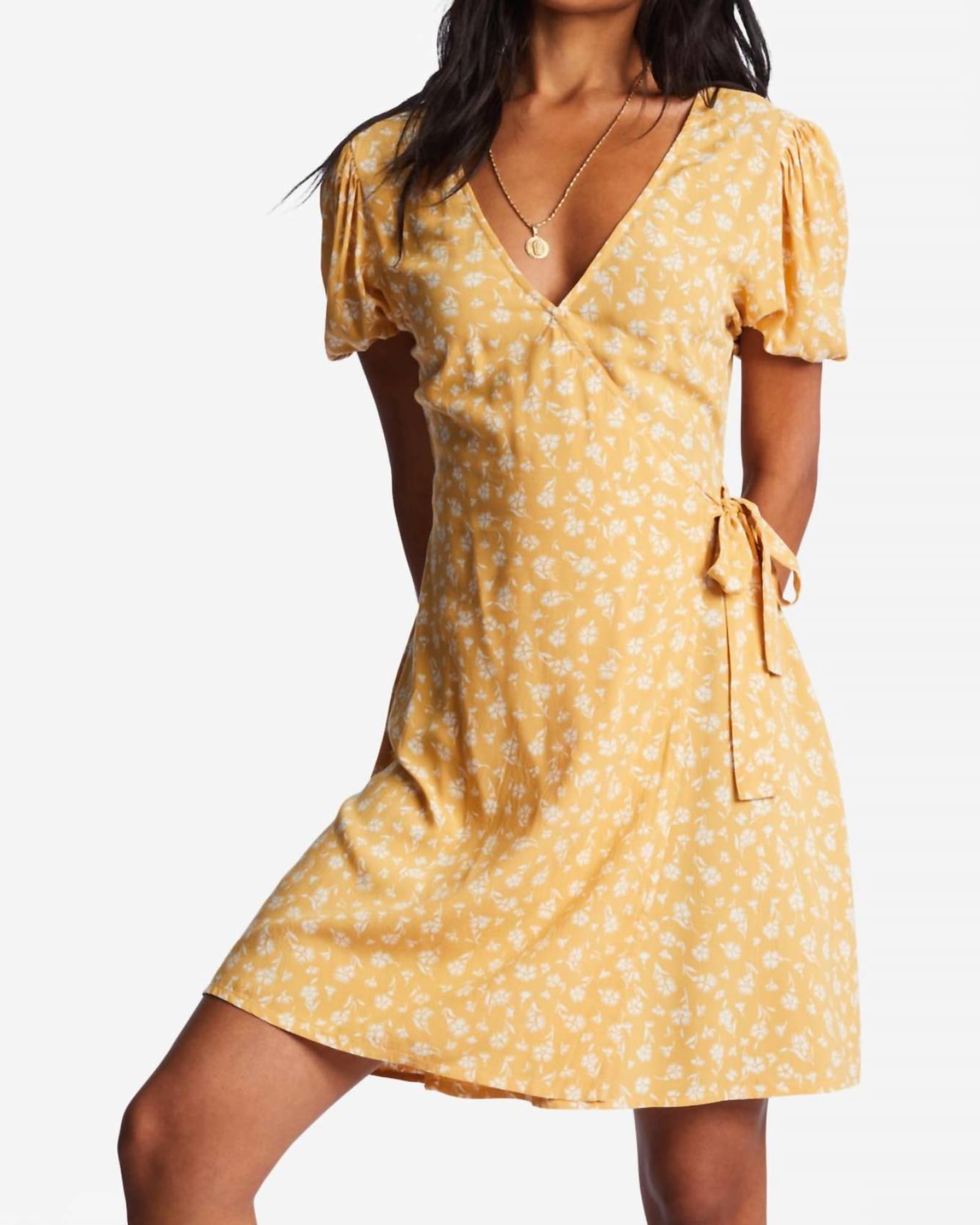 Hot Tropics Mini Wrap Dress in Goldie | Goldie