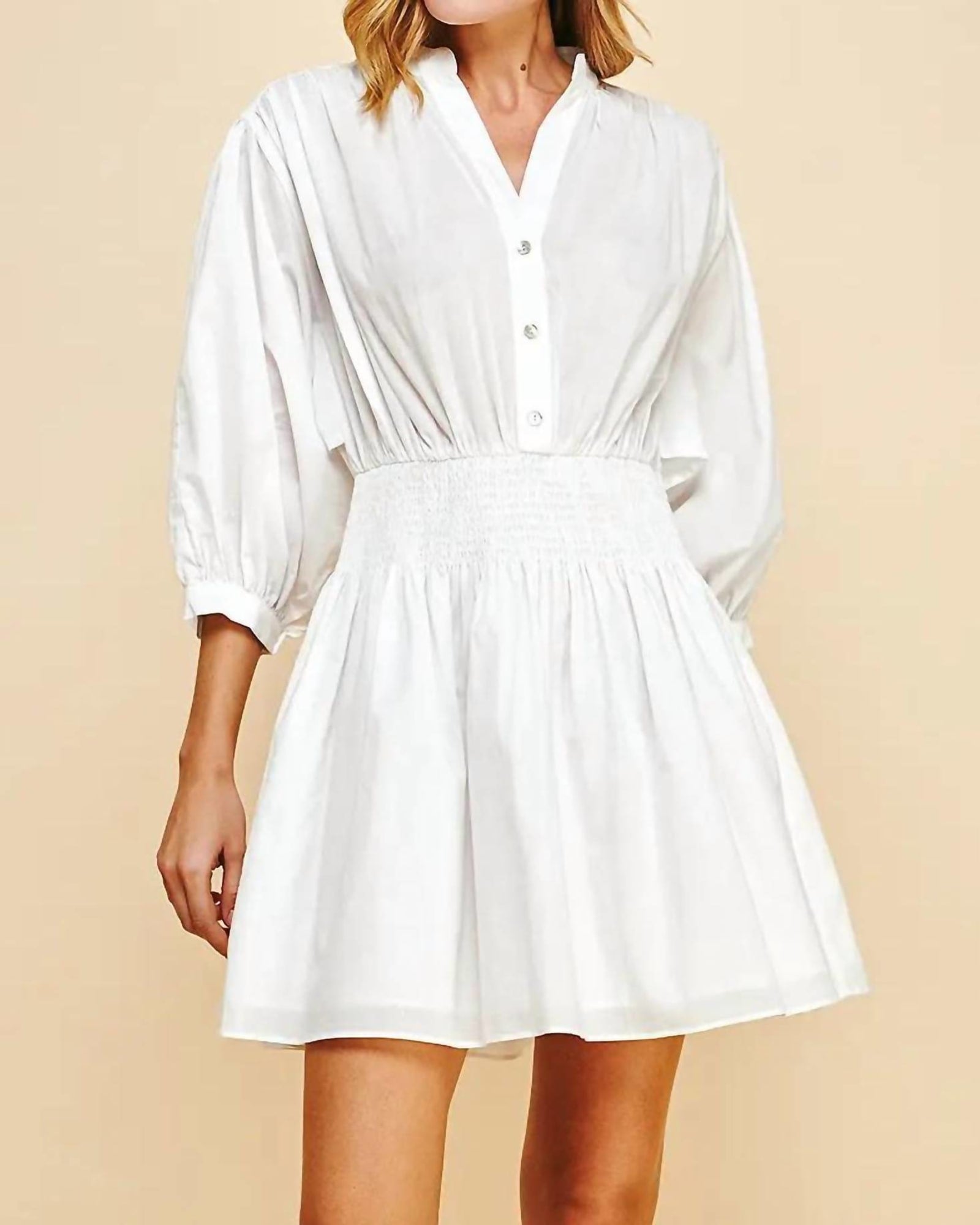 Molly Mandarin Collar Smocked Mini Dress in White | White