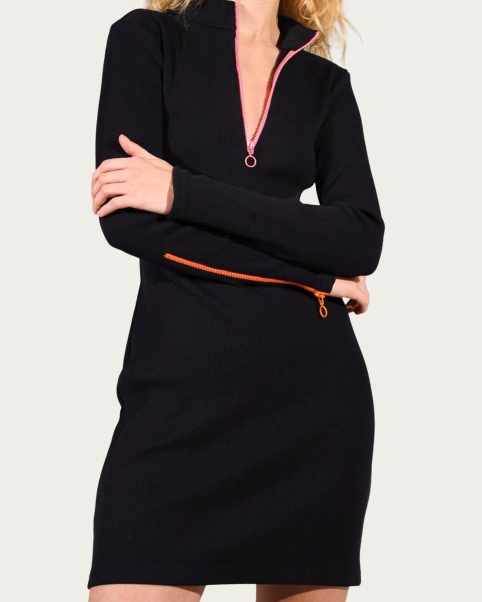 Multicolor Zipper Ribbed-Knit Mock Neck Mini Dress in Black | Black