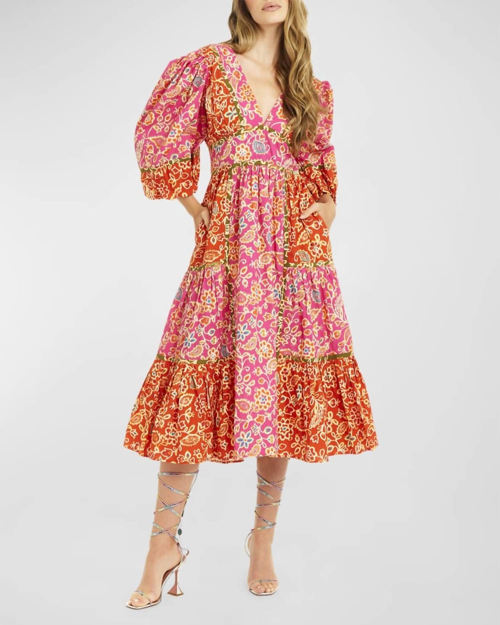 Elise Puff Sleeves Midi Dress in Alessandra Pink Print | Alessandra Pink Print