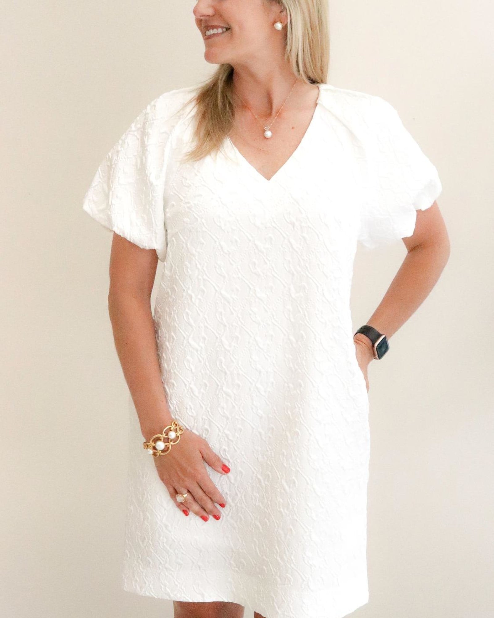 Puff Sleeve Chemise Dress in White | White