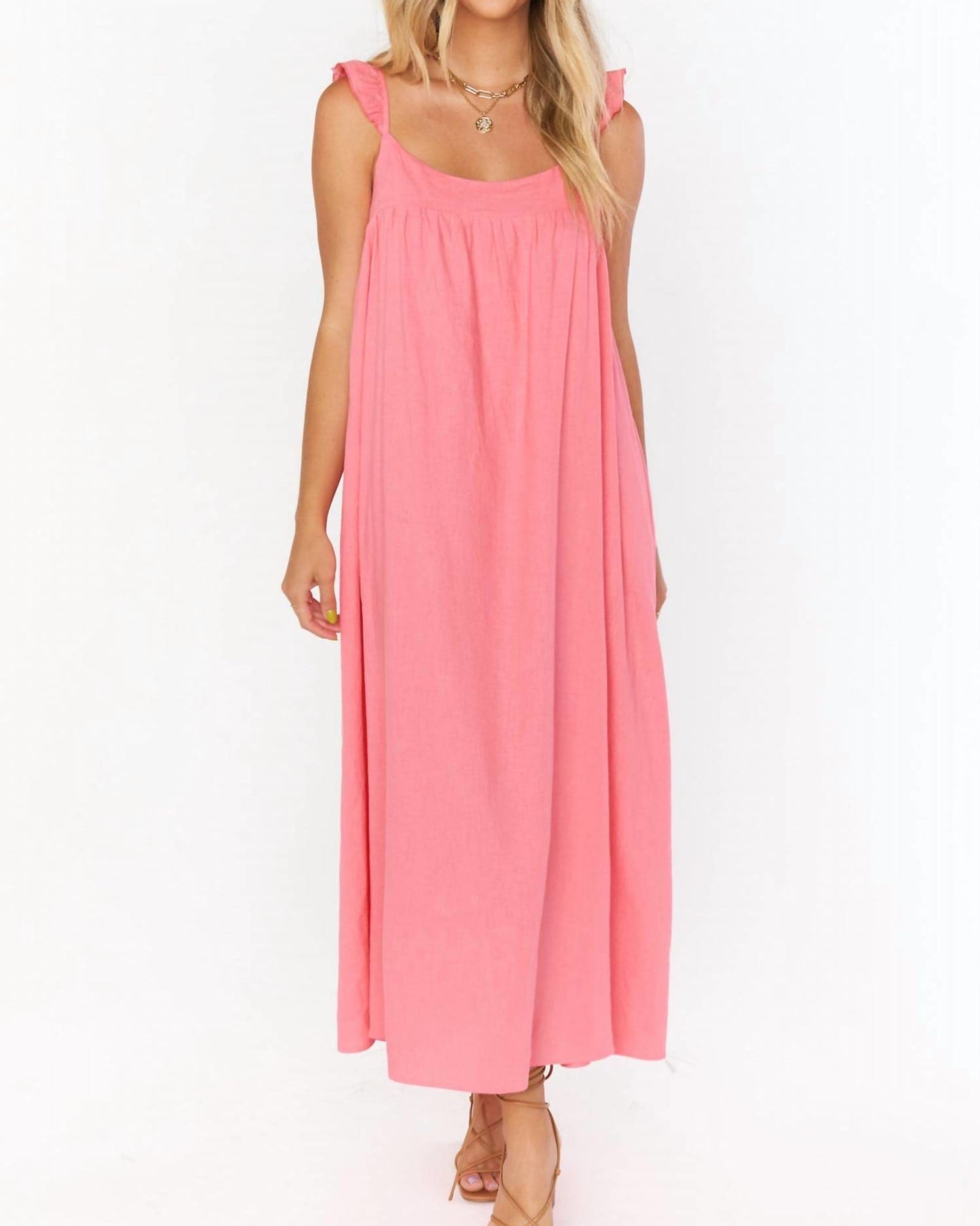Oasis Ruffle Dress in Flamingo Pink Linen | Flamingo Pink Linen