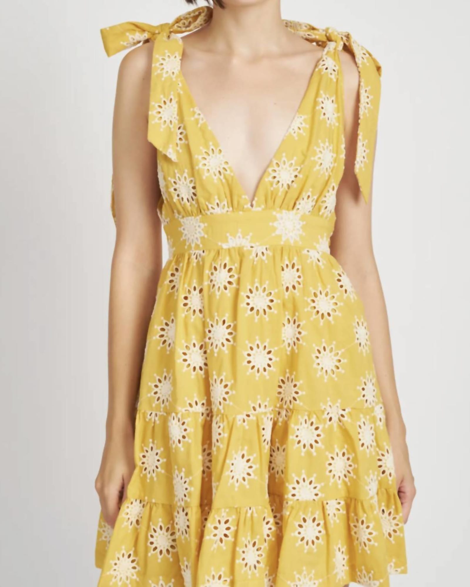Embroidered Tiered Mini Dress in Yellow | Yellow
