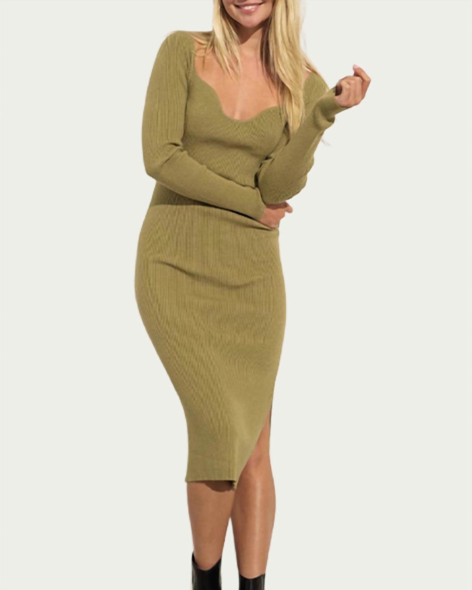 Ribbed-Knit Sweetheart-Neck Midi Dress in Olive | Olive
