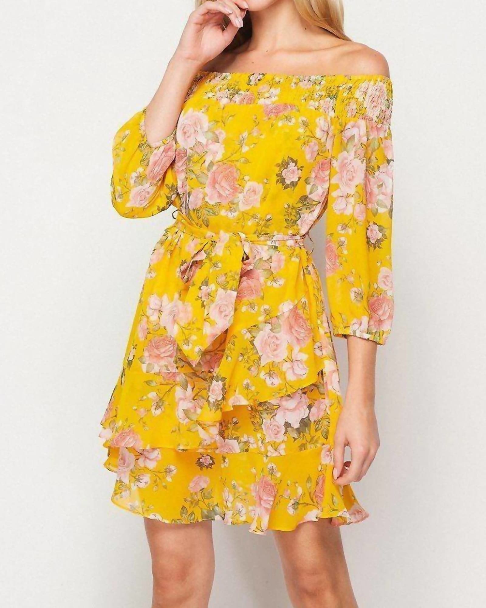 Floral Off The Shoulder Mini Dress in Yellow Multi | Yellow Multi